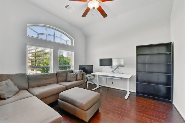22907 Caverly Ln, Tomball, TX 77375 - living room with lofted ceiling, a ceiling fan, wood finished floors, baseboards, and a desk