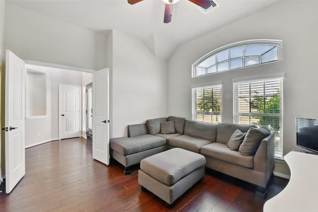 22907 Caverly Ln, Tomball, TX 77375 - living area with dark wood-style flooring, ceiling fan, and high vaulted ceiling