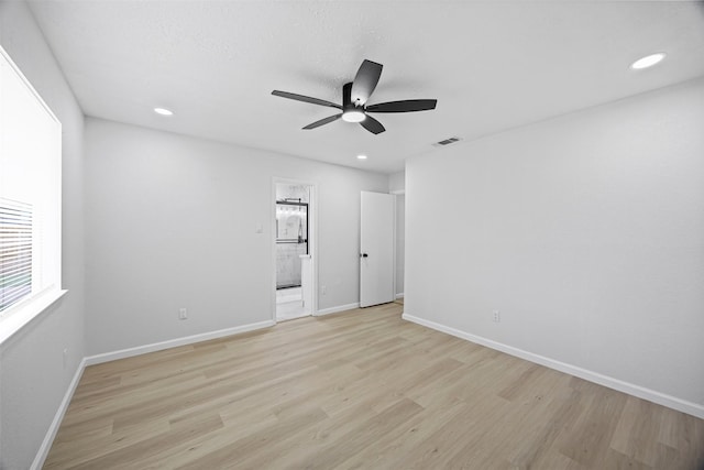 16631 Quiet Quail Dr, Missouri City, TX 77489 - empty room featuring ceiling fan, light wood-style flooring, baseboards, and recessed lighting