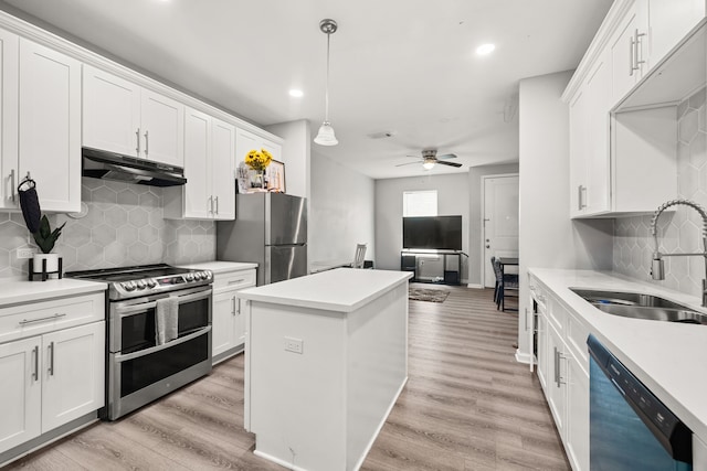8534 Woodlyn Rd, Houston, TX 77028 - kitchen featuring appliances with stainless steel finishes, under cabinet range hood, light countertops, white cabinetry, and recessed lighting