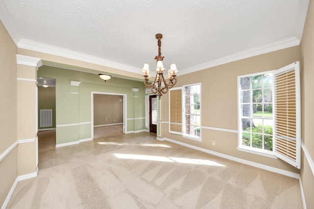 22127 Glen Arden Ln, Katy, TX 77450 - empty room featuring a chandelier, carpet floors, baseboards, ornamental molding, and a textured ceiling