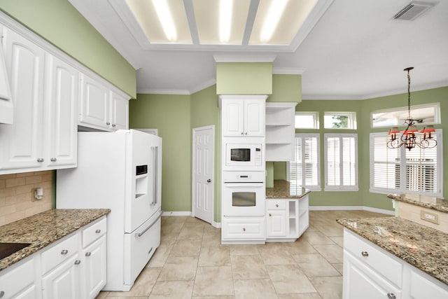 22127 Glen Arden Ln, Katy, TX 77450 - kitchen featuring white appliances, open shelves, a chandelier, tasteful backsplash, and baseboards