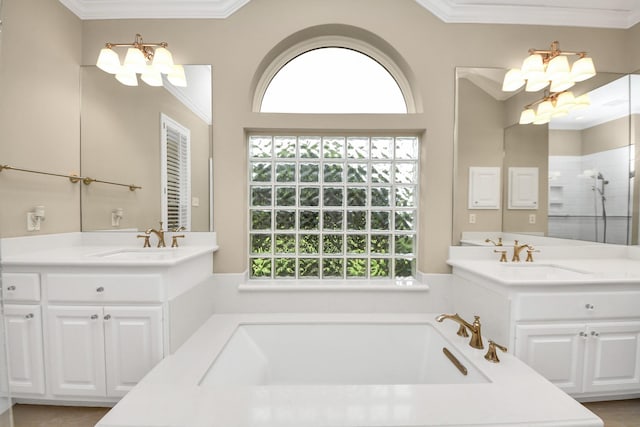 22127 Glen Arden Ln, Katy, TX 77450 - bathroom with a chandelier, healthy amount of natural light, crown molding, a bath, and tiled shower
