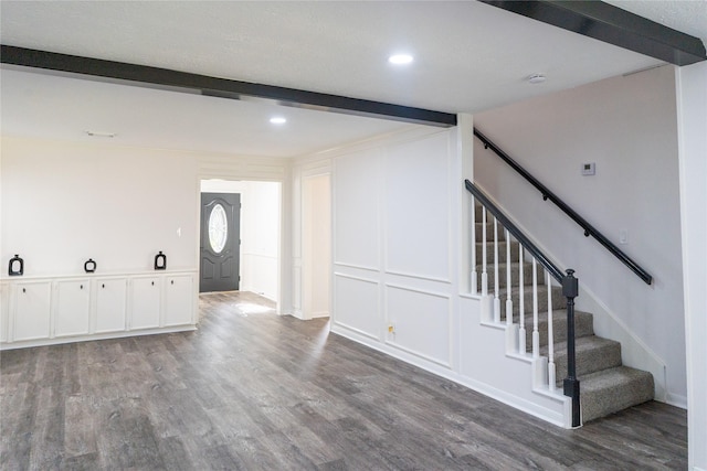 17426 Pinewood Forest Dr, Spring, TX 77379 - unfurnished living room featuring beamed ceiling, wood finished floors, stairs, and recessed lighting