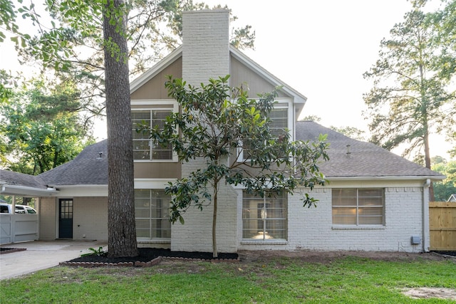17426 Pinewood Forest Dr, Spring, TX 77379 - view of property exterior with brick siding, a chimney, a shingled roof, and driveway