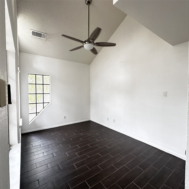 16800 Sugar Pine Dr Unit C21, Houston, TX 77090 - empty room featuring ceiling fan, wood tiled floors, lofted ceiling, baseboards, and a textured ceiling