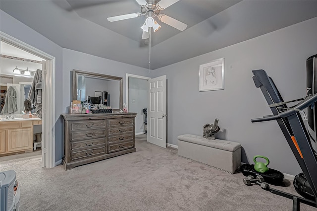 2827 Silver Charm, Houston, TX 77014 - bedroom with light colored carpet, ensuite bath, ceiling fan, baseboards, and a sink