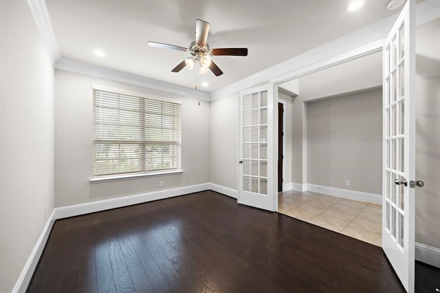 28911 Copper Break Ct, Katy, TX 77494 - unfurnished room with french doors, a ceiling fan, ornamental molding, hardwood / wood-style floors, and baseboards