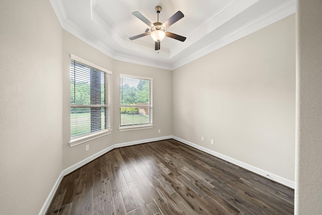 4021 Windsor Chase Dr, Spring, TX 77386 - empty room featuring crown molding, a tray ceiling, a ceiling fan, dark wood-style floors, and baseboards