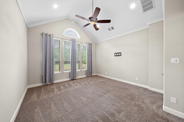 4021 Windsor Chase Dr, Spring, TX 77386 - carpeted empty room featuring ceiling fan, vaulted ceiling, ornamental molding, baseboards, and recessed lighting