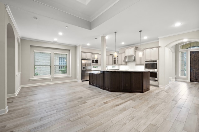 4021 Windsor Chase Dr, Spring, TX 77386 - kitchen with stainless steel appliances, under cabinet range hood, arched walkways, ornamental molding, and light wood-type flooring