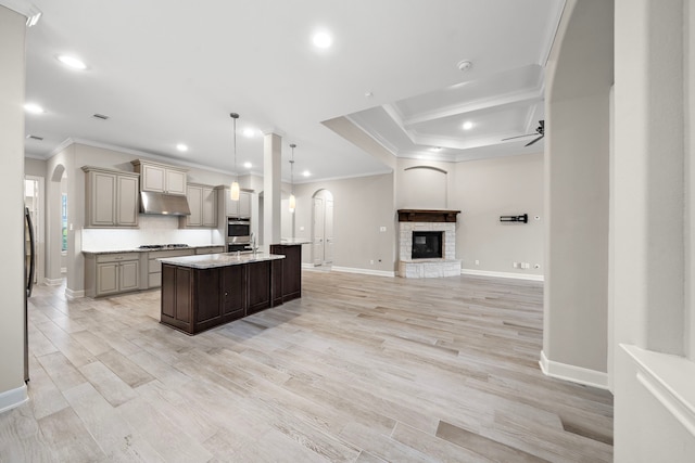 4021 Windsor Chase Dr, Spring, TX 77386 - kitchen featuring open floor plan, crown molding, under cabinet range hood, baseboards, and a stone fireplace
