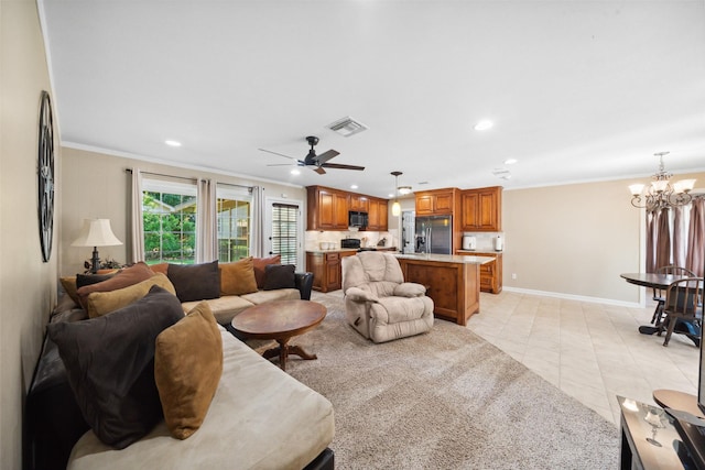 3431 Bristlecone Trl, Spring, TX 77380 - living area featuring a chandelier, recessed lighting, crown molding, baseboards, and light tile patterned flooring