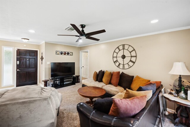 3431 Bristlecone Trl, Spring, TX 77380 - living area featuring crown molding, carpet floors, a ceiling fan, recessed lighting, and baseboards