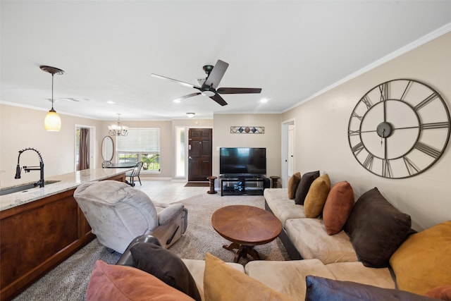 3431 Bristlecone Trl, Spring, TX 77380 - living area featuring a chandelier, ornamental molding, recessed lighting, a ceiling fan, and baseboards
