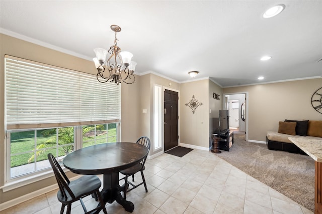 3431 Bristlecone Trl, Spring, TX 77380 - dining space with a chandelier, light tile patterned floors, recessed lighting, crown molding, and baseboards