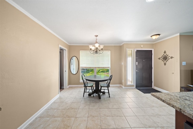 3431 Bristlecone Trl, Spring, TX 77380 - dining space featuring a chandelier, ornamental molding, light tile patterned floors, and baseboards