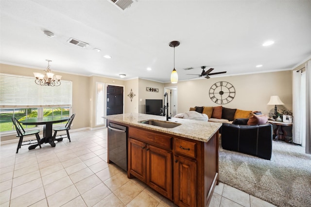 3431 Bristlecone Trl, Spring, TX 77380 - kitchen featuring dishwasher, a sink, light tile patterned flooring, crown molding, and ceiling fan