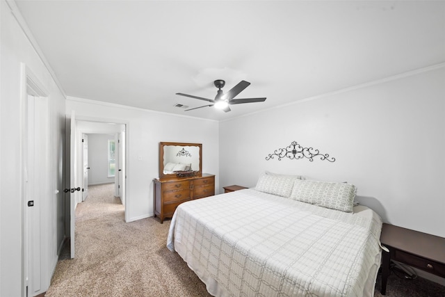3431 Bristlecone Trl, Spring, TX 77380 - bedroom with light colored carpet, ornamental molding, a ceiling fan, and baseboards
