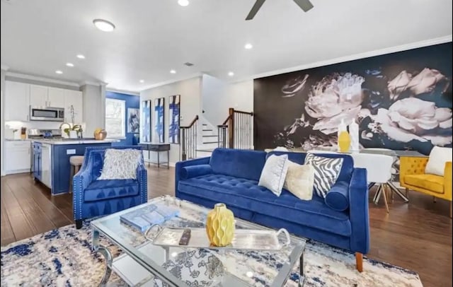6617 Del Rio St Unit D, Houston, TX 77021 - living room featuring stairs, wood finished floors, crown molding, a ceiling fan, and recessed lighting