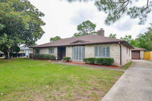 10947 Vanderford Dr, Houston, TX 77099 - ranch-style home with a chimney, a front lawn, a garage, brick siding, and roof with shingles