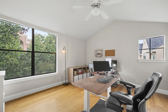 939 Colorado St Unit 22, Houston, TX 77007 - home office with ceiling fan, lofted ceiling, wood finished floors, and baseboards