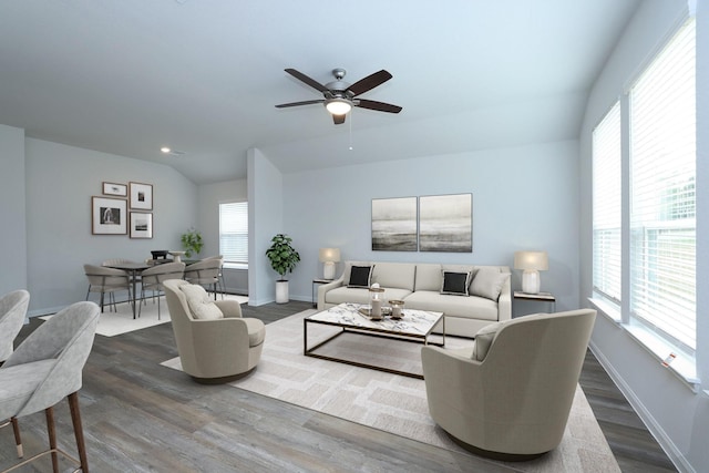 26449 Lakeshore Dr, Hempstead, TX 77445 - living room with wood finished floors, ceiling fan, lofted ceiling, baseboards, and recessed lighting