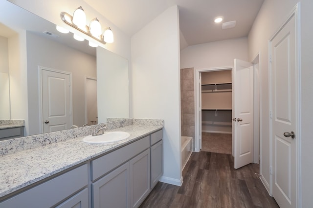 26449 Lakeshore Dr, Hempstead, TX 77445 - bathroom featuring wood finished floors, vanity, a tub, and a walk in closet