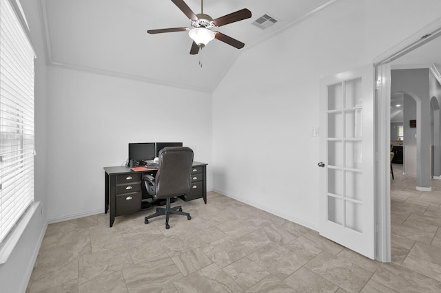 3921 Enchanted Timbers Ln, Spring, TX 77386 - office space with arched walkways, a ceiling fan, baseboards, high vaulted ceiling, and stone finish flooring