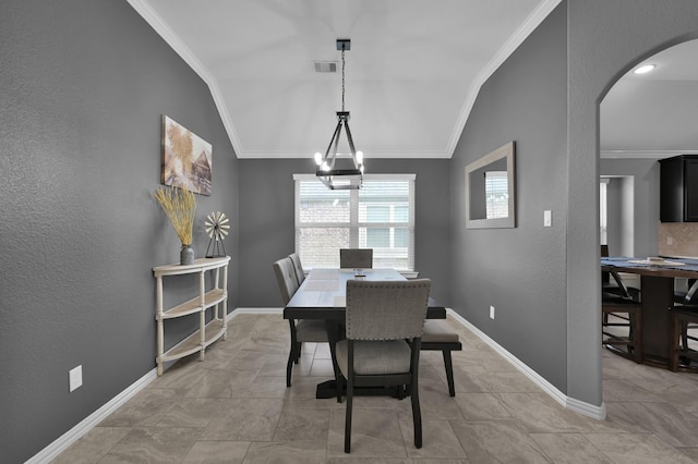 3921 Enchanted Timbers Ln, Spring, TX 77386 - dining space featuring crown molding, lofted ceiling, arched walkways, a textured wall, and baseboards