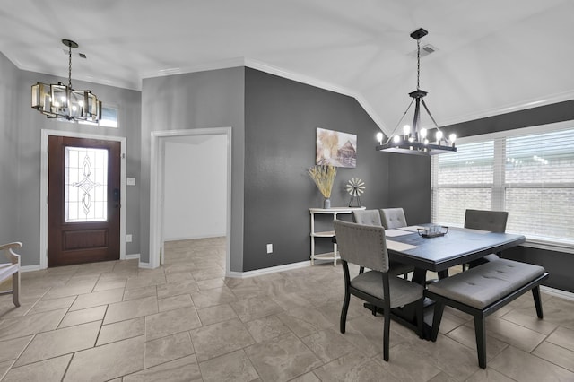 3921 Enchanted Timbers Ln, Spring, TX 77386 - dining area featuring a chandelier, plenty of natural light, ornamental molding, baseboards, and lofted ceiling