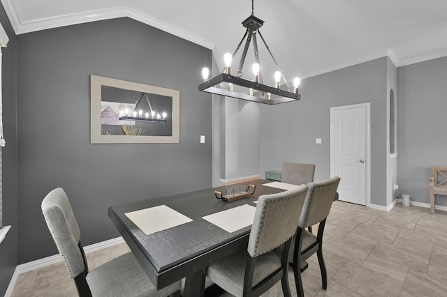 3921 Enchanted Timbers Ln, Spring, TX 77386 - dining room featuring a chandelier, ornamental molding, vaulted ceiling, and baseboards