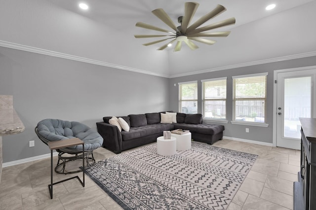 3921 Enchanted Timbers Ln, Spring, TX 77386 - living room featuring a ceiling fan, baseboards, high vaulted ceiling, crown molding, and recessed lighting
