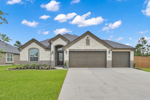 3921 Enchanted Timbers Ln, Spring, TX 77386 - french provincial home with a garage, driveway, stone siding, and roof with shingles