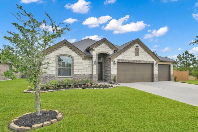 3921 Enchanted Timbers Ln, Spring, TX 77386 - french country inspired facade featuring a garage, driveway, a front yard, stone siding, and brick siding