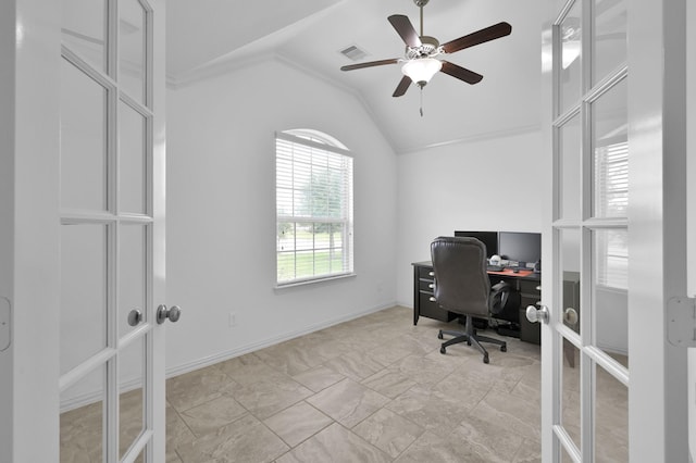 3921 Enchanted Timbers Ln, Spring, TX 77386 - office with lofted ceiling, french doors, ceiling fan, and baseboards