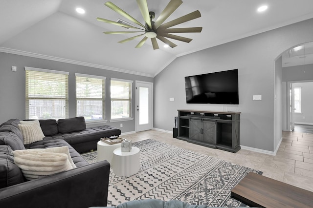 3921 Enchanted Timbers Ln, Spring, TX 77386 - living area with lofted ceiling, arched walkways, ceiling fan, baseboards, and crown molding