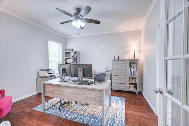 8507 Marchelle Ln, Spring, TX 77379 - office space featuring dark wood finished floors, crown molding, baseboards, and ceiling fan