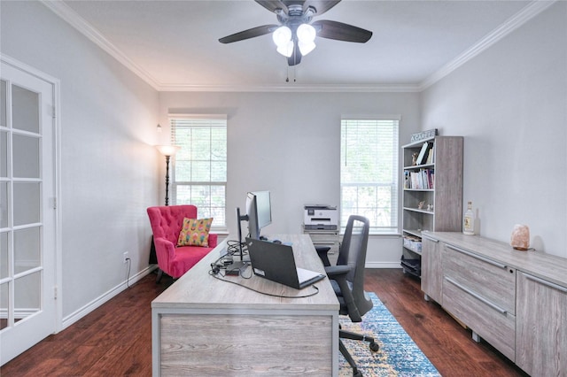8507 Marchelle Ln, Spring, TX 77379 - office featuring dark wood-style flooring, ceiling fan, crown molding, and baseboards