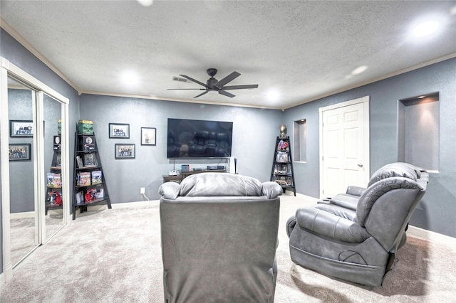 8507 Marchelle Ln, Spring, TX 77379 - living area featuring recessed lighting, a textured ceiling, crown molding, ceiling fan, and carpet
