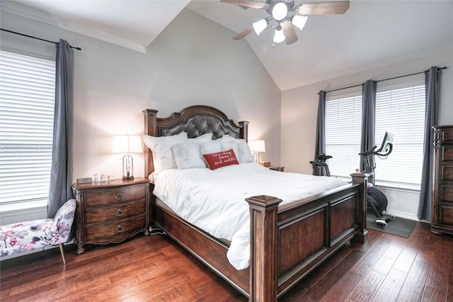 8507 Marchelle Ln, Spring, TX 77379 - bedroom with lofted ceiling, dark wood-style floors, and ceiling fan