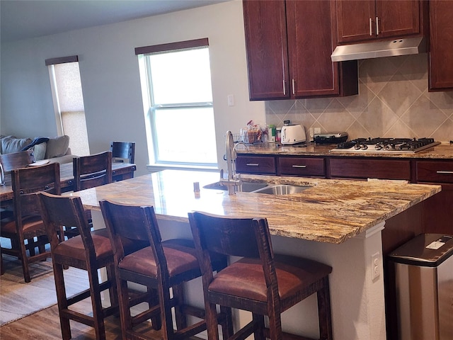6006 Thief River Falls Dr, Katy, TX 77493 - kitchen featuring a sink, light stone counters, under cabinet range hood, backsplash, and a breakfast bar