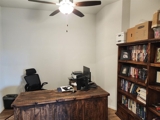 6006 Thief River Falls Dr, Katy, TX 77493 - office space with ceiling fan, wood finished floors, and baseboards