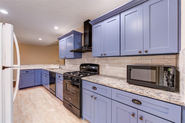 24014 Whitefield Ln, Katy, TX 77493 - kitchen with wall chimney exhaust hood, black appliances, backsplash, light stone countertops, and a sink