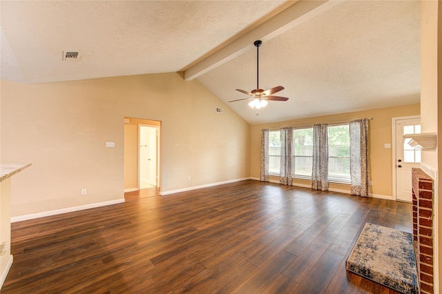 24014 Whitefield Ln, Katy, TX 77493 - unfurnished living room with a ceiling fan, dark wood-style flooring, a brick fireplace, and baseboards
