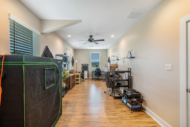 5292 Horseshoe Dr, Anderson, TX 77830 - office space with wood finished floors, ceiling fan, recessed lighting, and baseboards
