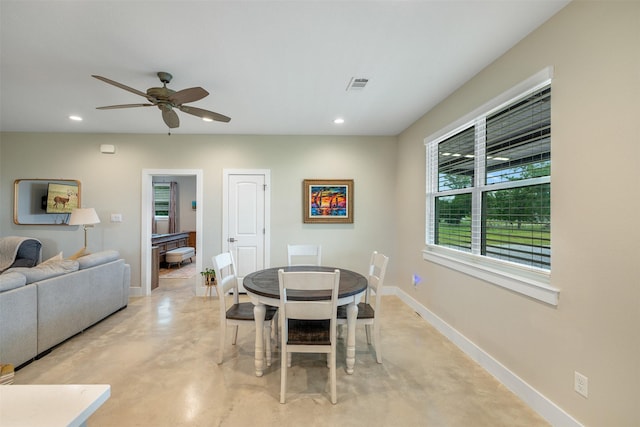 5292 Horseshoe Dr, Anderson, TX 77830 - dining space with finished concrete flooring, baseboards, recessed lighting, and ceiling fan