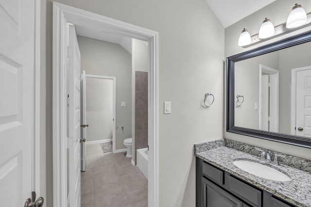 5803 Platinum Lakes Ct, Rosenberg, TX 77469 - full bathroom with toilet, tile patterned floors, vanity, and lofted ceiling