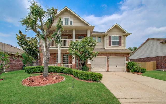 6018 Lamb Crk, Missouri City, TX 77459 - view of front facade featuring brick siding, a balcony, a garage, a front yard, and a porch