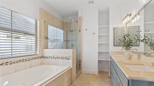 1415 W 21st St Unit A, Houston, TX 77008 - full bath with a garden tub, a stall shower, double vanity, baseboards, and tile patterned floors